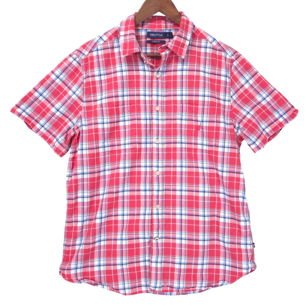 Nautica Classic Fit Plaid Button Up Shirt Mens L Short Sleeve Red Blue Coastal